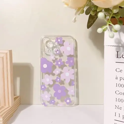Lovmooful iPhone 15 uchun mos keladigan g'ilof, qizlar va ayollar uchun chiroyli shaffof gul naqshli rangli dizayn, yumshoq TPU zarbaga chidamli himoya qizona iPhone 15 uchun - Binafsha gul - 6