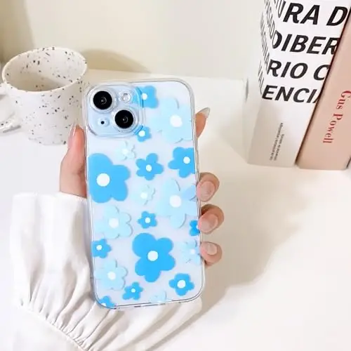 Lovmooful iPhone 15 uchun mos keladigan g'ilof, qizlar va ayollar uchun yoqimli shaffof gul dizayni, yumshoq TPU zarbga chidamli himoya qizcha iPhone 15 uchun - Moviy gul - 3