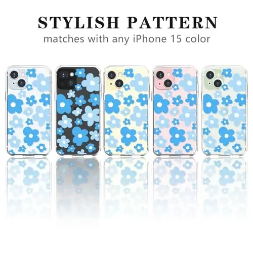 Lovmooful iPhone 15 uchun mos keladigan g'ilof, qizlar va ayollar uchun yoqimli shaffof gul dizayni, yumshoq TPU zarbga chidamli himoya qizcha iPhone 15 uchun - Moviy gul - 4