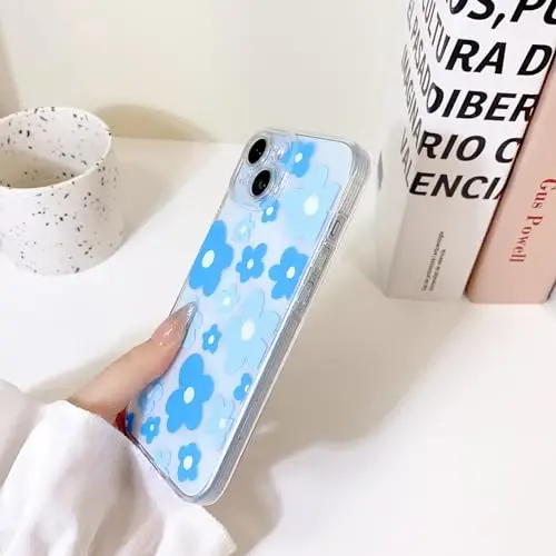 Lovmooful iPhone 15 uchun mos keladigan g'ilof, qizlar va ayollar uchun yoqimli shaffof gul dizayni, yumshoq TPU zarbga chidamli himoya qizcha iPhone 15 uchun - Moviy gul - 5