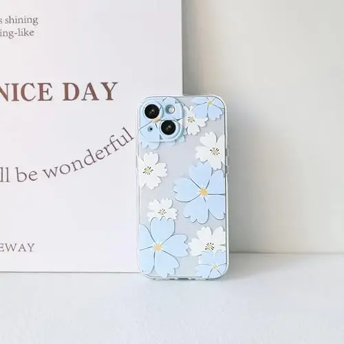 Lovmooful iPhone 15 uchun mos keladigan g'ilof, qizlar va ayollar uchun yoqimli tiniq gulli rangli dizayn, yumshoq TPU zarbaga chidamli himoya qizlar uchun iPhone 15-Moviy va oq gul - 4