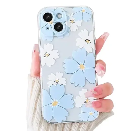Lovmooful iPhone 15 uchun mos keladigan g'ilof, qizlar va ayollar uchun yoqimli tiniq gulli rangli dizayn, yumshoq TPU zarbaga chidamli himoya qizlar uchun iPhone 15-Moviy va oq gul - 1