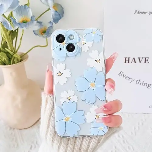 Lovmooful iPhone 15 uchun mos keladigan g'ilof, qizlar va ayollar uchun yoqimli tiniq gulli rangli dizayn, yumshoq TPU zarbaga chidamli himoya qizlar uchun iPhone 15-Moviy va oq gul - 3