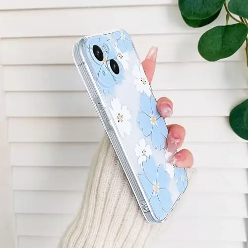 Lovmooful iPhone 15 uchun mos keladigan g'ilof, qizlar va ayollar uchun yoqimli tiniq gulli rangli dizayn, yumshoq TPU zarbaga chidamli himoya qizlar uchun iPhone 15-Moviy va oq gul - 5