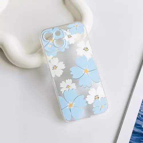 Lovmooful iPhone 15 uchun mos keladigan g'ilof, qizlar va ayollar uchun yoqimli tiniq gulli rangli dizayn, yumshoq TPU zarbaga chidamli himoya qizlar uchun iPhone 15-Moviy va oq gul - 6