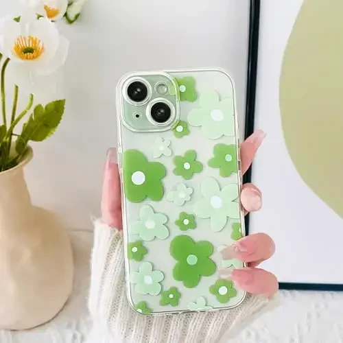 Lovmooful iPhone 15 uchun mos keladigan g'ilof, yoqimli shaffof gul naqshli, qizlar va ayollar uchun, yumshoq TPU zarbga chidamli himoya, iPhone 15 uchun - och yashil gul - 3