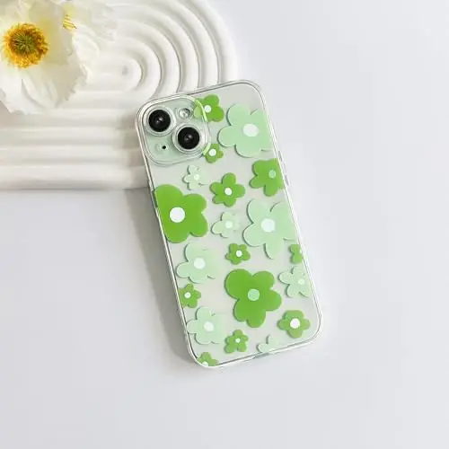 Lovmooful iPhone 15 uchun mos keladigan g'ilof, yoqimli shaffof gul naqshli, qizlar va ayollar uchun, yumshoq TPU zarbga chidamli himoya, iPhone 15 uchun - och yashil gul - 2