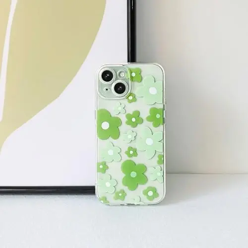 Lovmooful iPhone 15 uchun mos keladigan g'ilof, yoqimli shaffof gul naqshli, qizlar va ayollar uchun, yumshoq TPU zarbga chidamli himoya, iPhone 15 uchun - och yashil gul - 4