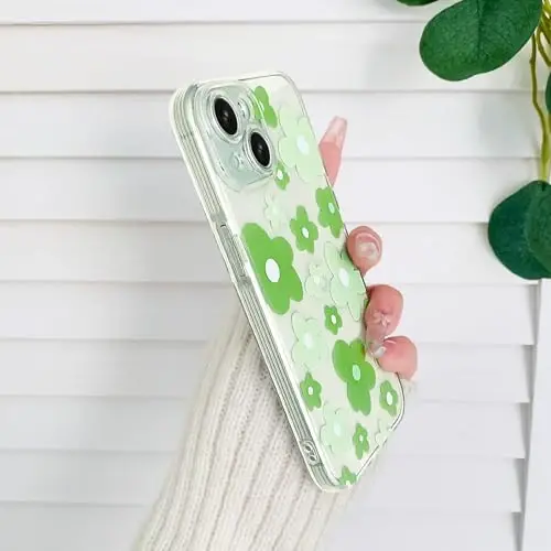 Lovmooful iPhone 15 uchun mos keladigan g'ilof, yoqimli shaffof gul naqshli, qizlar va ayollar uchun, yumshoq TPU zarbga chidamli himoya, iPhone 15 uchun - och yashil gul - 5