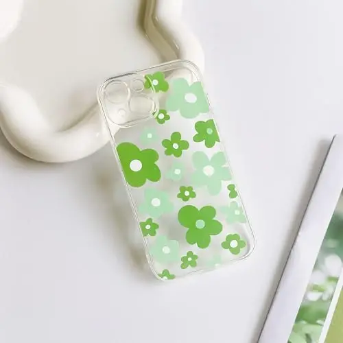 Lovmooful iPhone 15 uchun mos keladigan g'ilof, yoqimli shaffof gul naqshli, qizlar va ayollar uchun, yumshoq TPU zarbga chidamli himoya, iPhone 15 uchun - och yashil gul - 6