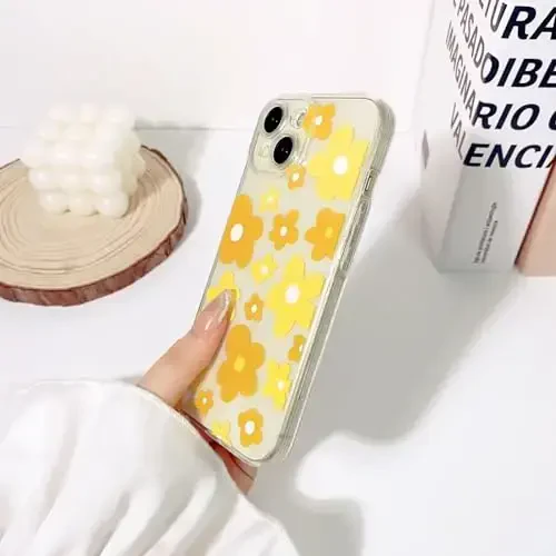 Lovmooful iPhone 15 uchun mos keladigan quti Chiroyli tiniq gul gulli rang dizayni Qizlar ayollar uchun Yumshoq TPU zarbga chidamli himoya iPhone 15 uchun-Sariq gul - 5