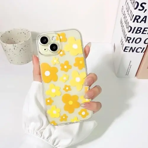 Lovmooful iPhone 15 uchun mos keladigan quti Chiroyli tiniq gul gulli rang dizayni Qizlar ayollar uchun Yumshoq TPU zarbga chidamli himoya iPhone 15 uchun-Sariq gul - 3