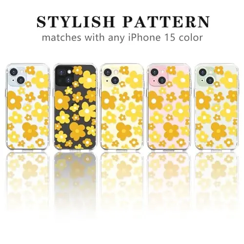 Lovmooful iPhone 15 uchun mos keladigan quti Chiroyli tiniq gul gulli rang dizayni Qizlar ayollar uchun Yumshoq TPU zarbga chidamli himoya iPhone 15 uchun-Sariq gul - 4