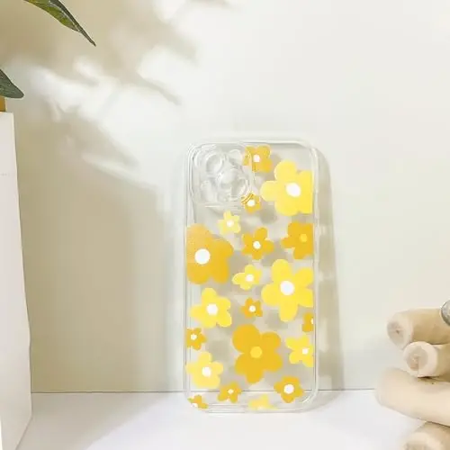 Lovmooful iPhone 15 uchun mos keladigan quti Chiroyli tiniq gul gulli rang dizayni Qizlar ayollar uchun Yumshoq TPU zarbga chidamli himoya iPhone 15 uchun-Sariq gul - 6