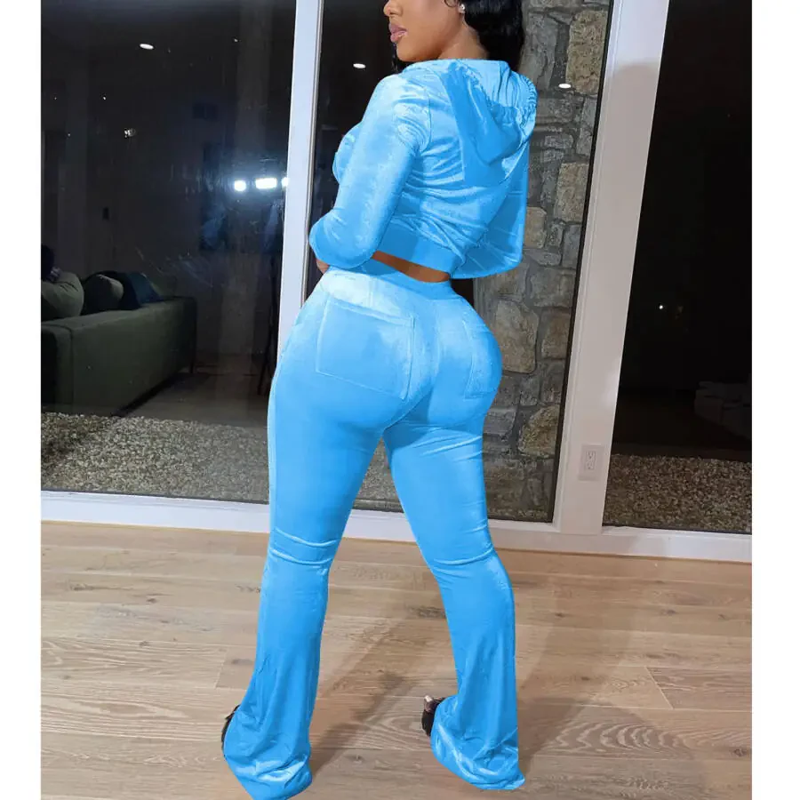 Lovskoo 2 Piece Outfits Velour Tracksuit for Women Zip Up Hoodie Velvet Crop Jacket and Bell Bottoms Long Pants with Pockets Jogging Sweatsuit Workout Sets Sky Blue - 4