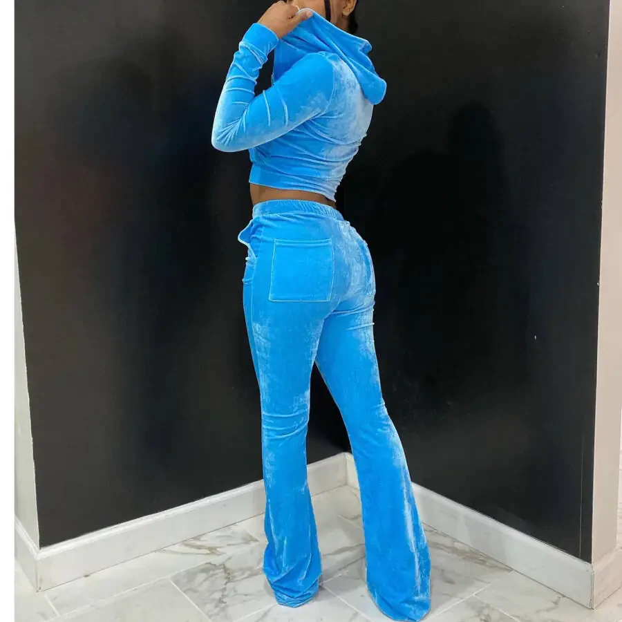 Lovskoo 2 Piece Outfits Velour Tracksuit for Women Zip Up Hoodie Velvet Crop Jacket and Bell Bottoms Long Pants with Pockets Jogging Sweatsuit Workout Sets Sky Blue - 5