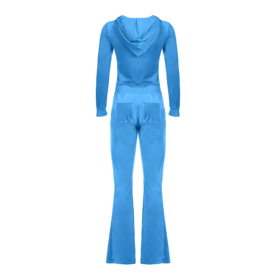 Lovskoo 2 Piece Outfits Velour Tracksuit for Women Zip Up Hoodie Velvet Crop Jacket and Bell Bottoms Long Pants with Pockets Jogging Sweatsuit Workout Sets Sky Blue - 7