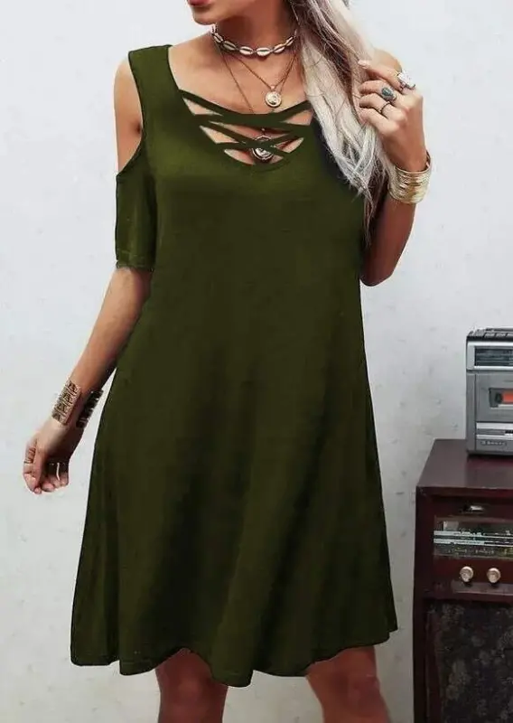 Low-Cut Lace-Up Detail Viscose Fabric Dress - 1