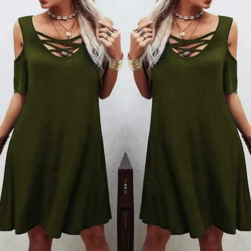 Low-Cut Lace-Up Detail Viscose Fabric Dress - 2