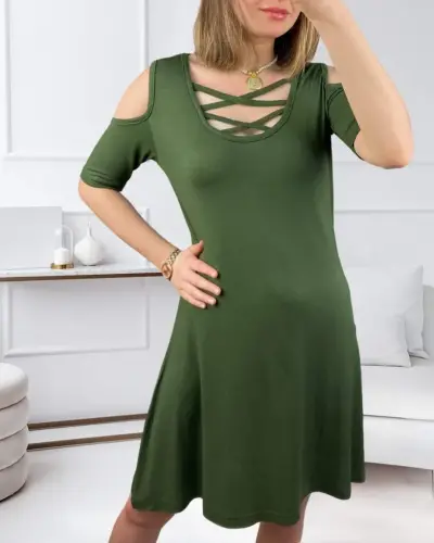 Low-Cut Lace-Up Detail Viscose Fabric Dress - 3