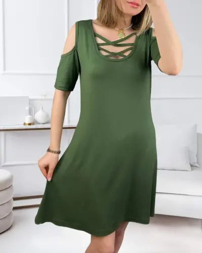 Low-Cut Lace-Up Detail Viscose Fabric Dress - 4