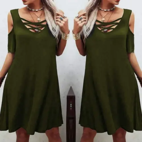 Low-Cut Lace-Up Detail Viscose Fabric Dress - 2