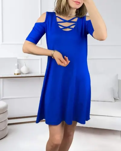 Low-Cut Lace-Up Detail Viscose Fabric Dress - 4