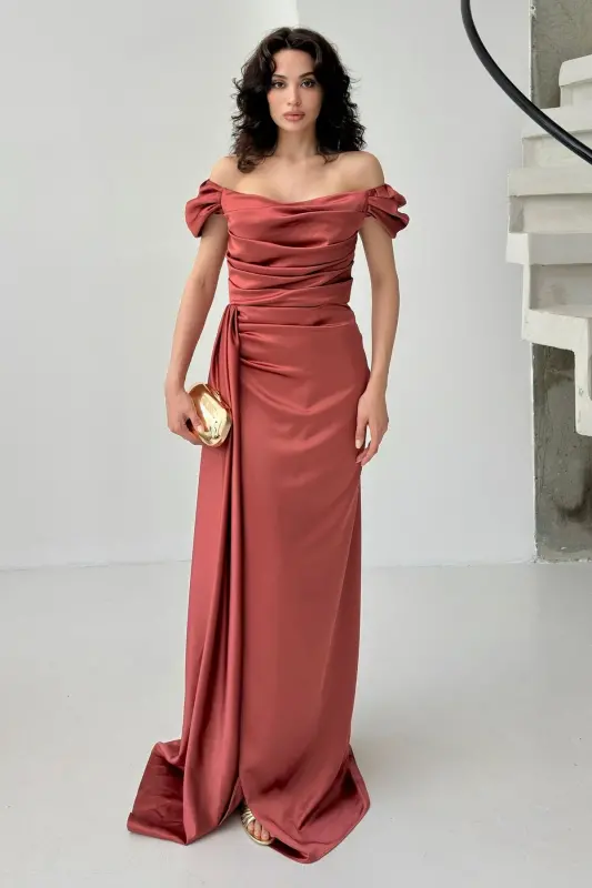 Low Off-Shoulder Draped Evening Dress- Cinnamon - SERICA MODA