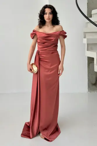 Low Off-Shoulder Draped Evening Dress- Cinnamon 