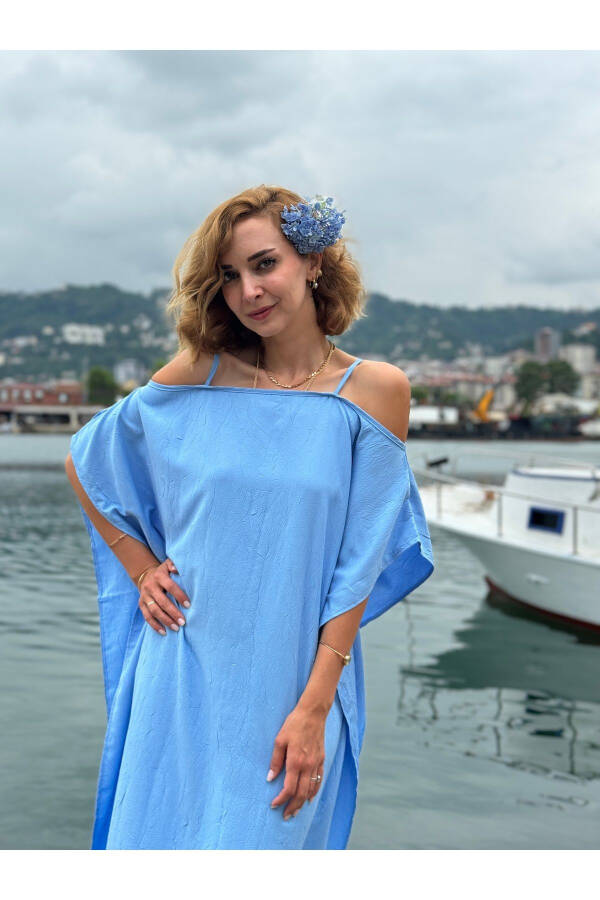 LOW SHOULDER BLUE CAPE DRESS - 3