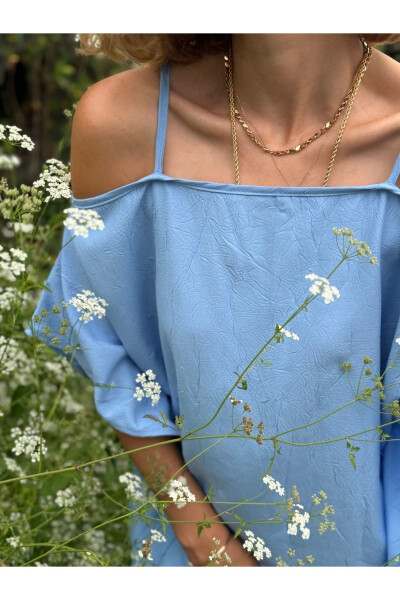 LOW SHOULDER BLUE CAPE DRESS - 7