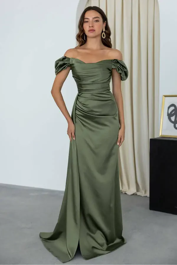 Low Shoulder Draped Evening Dress - 1