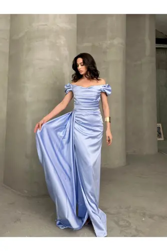 Low Shoulder Draped Evening Dress-Lilac - 4