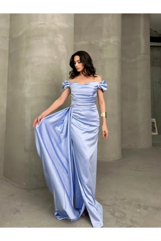 Low Shoulder Draped Evening Dress-Lilac - 4