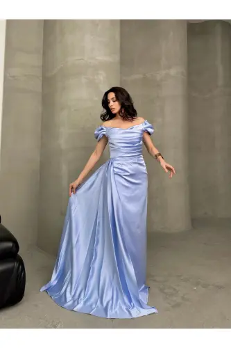 Low Shoulder Draped Evening Dress-Lilac - 5