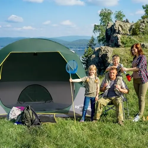 LOYEAHCAMP 4 Kishilik Qorong'u Camping chodiri, Yengil o'rnatiladigan suv o'tkazmaydigan oilaviy gumbaz chodir, yomg'ir pardasi bilan lager uchun, tashqi lager va sayohat uchun portativ ikki qavatli katta oilaviy chodir - 6
