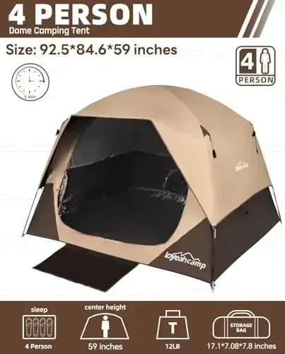 LOYEAHCAMP 4 Person Blackout Camping Tent, Easy Setup Waterproof Family Dome Tent for Camping with Rainfly, Portable Double Layer Large Family Tent for Outdoor Camping&Hiking - Loyeahcamp (1)