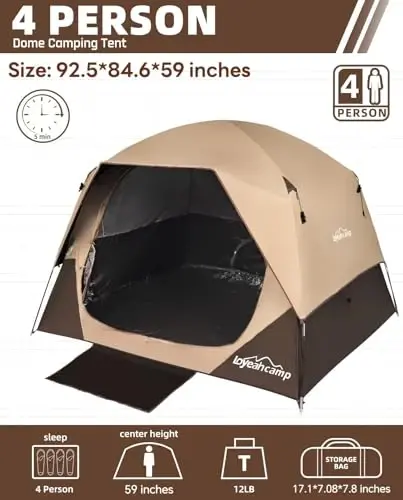 LOYEAHCAMP 4 Person Blackout Camping Tent, Easy Setup Waterproof Family Dome Tent for Camping with Rainfly, Portable Double Layer Large Family Tent for Outdoor Camping&Hiking - 2