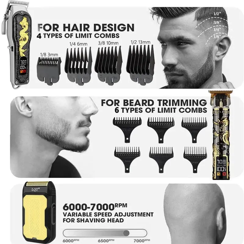 LQT Hair Clippers 3-Piece Men's Professional Cordless Haircutting Set with LED Display, Trimmer, Shaver, Beard Clipper - Gift for Man - 5