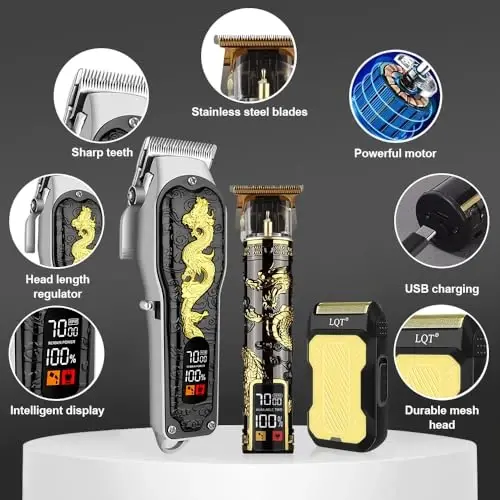 LQT Hair Clippers 3-Piece Men's Professional Cordless Haircutting Set with LED Display, Trimmer, Shaver, Beard Clipper - Gift for Man - 6