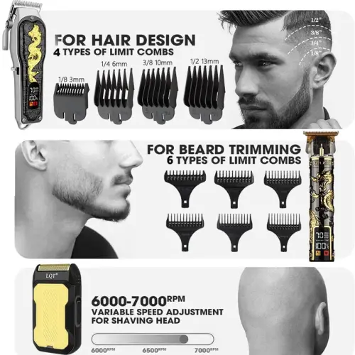 LQT Soch kesish mashinasi 3 qismli erkaklar uchun professional simsiz soch kesish to'plami LED displey, Trimmer, Soqol olish moslamasi, Soqol kesish mashinasi - Erkaklar uchun sovg'a - 5