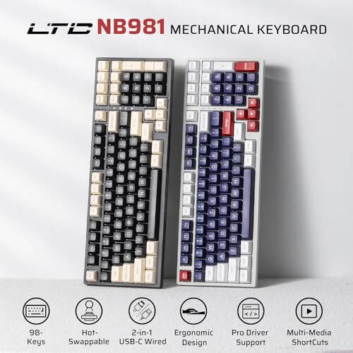 LTC NB981 Nimbleback 98 Keys Wired Mechanical Keyboard, 96% Gaming Keyboard w/White Backlit, Red Switch, Mecha Blue - 2