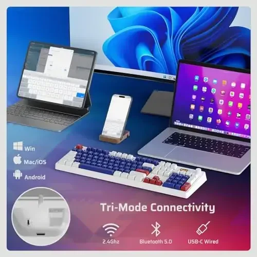 LTC Nimbleback NB1041 PRO Simsiz Mexanik Klaviatura Displey Ekran va Tugma bilan, 2.4Ghz/ BT/USB-C Simli RGB 104 Tugmali Qaymoqli Klaviatura, 3 Qavatli Ko'pik, Issiq Almashtiriladigan PCB, Dasturiy Ta'minot Qo'llab-Quvvatlashi, Qizil Switch - 5