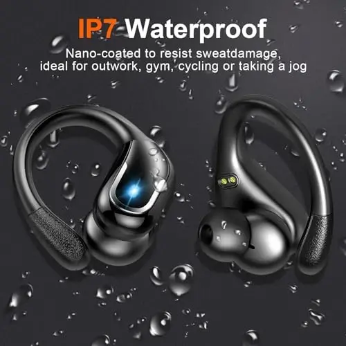Ltinist Wireless Earbud, Bluetooth 5.3 Headphones Pure Bass Sound with Earhooks, 75H Battery Over Ear Headphones with Dual-LED Display, IP7 Waterproof Earphones Built-in Microphone for Running Sports 