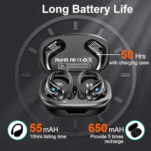 Ltinist simsiz quloqchin, Bluetooth 5.3 naushniklari Pure Bass Sound quloqchinlar bilan, 75 soatlik batareya, ikkita LED displeyli quloqchinlar, IP7 suv o'tkazmaydigan naushniklar, sport bilan shug'ullanish uchun o'rnatilgan mikrofon - 3