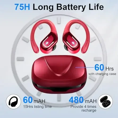 Ltinist Wireless Earbud, Bluetooh 5.4 Headphones Pure Bass Sound with Earhooks, 75H Battery in-Ear Sport Earbud with Dual-LED Display, IP7 Waterproof Earphones Built-in Microphone for Running, Red - 3