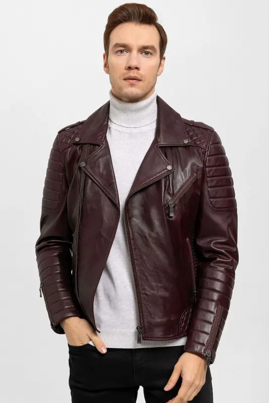 Luc Bordo Biker Erkek Hakiki Deri Mont - Bordo - DERIDERIM
