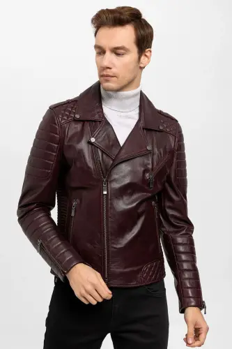 Luc Bordo Biker Erkek Hakiki Deri Mont - Bordo - DERIDERIM (1)