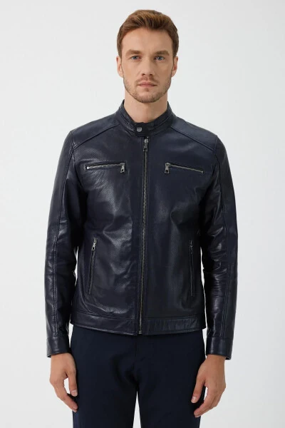 Lucas Navy Blue Leather Jacket - DERI COMPANY