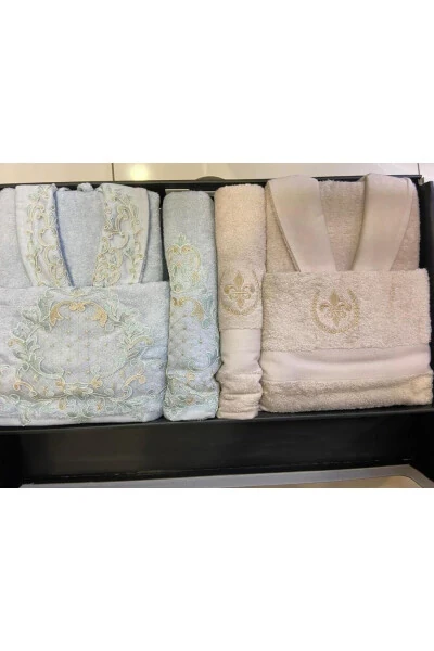 LUCCA BAMBOO LACE EMBROIDERED FAMILY BATHROBE SET MINT/BEIGE - ÇIRPAN EV